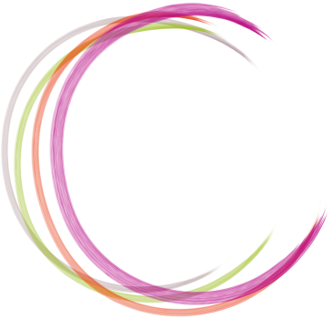 Logo des Frauennotrufs: vier übereinanderliegende versetzte Kreise, die zur rechten Seite oben offen sind, von links nach rechts in grau, grün, orange und pink