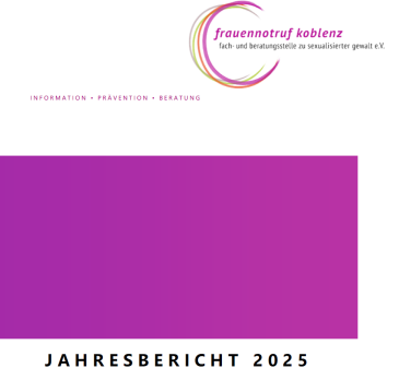Auf dem Bild ist rechts oben das pinke Logo des Frauennotruf Koblenz abgebildet. Darunter befindet sich mittig ein pinker Balken mit der Unterschrift Jahresbericht 2025.